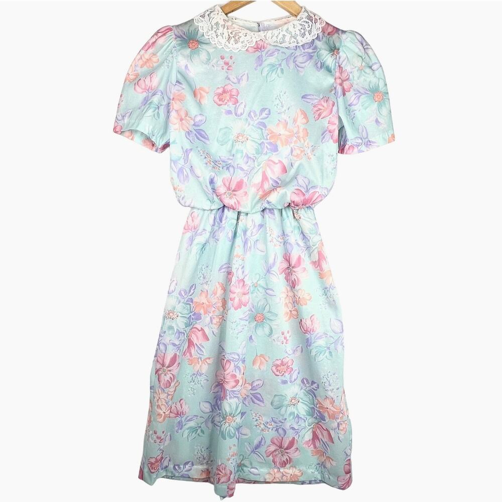 Vintage 80s Pastel Floral Lace Collar Blouson Dress Small